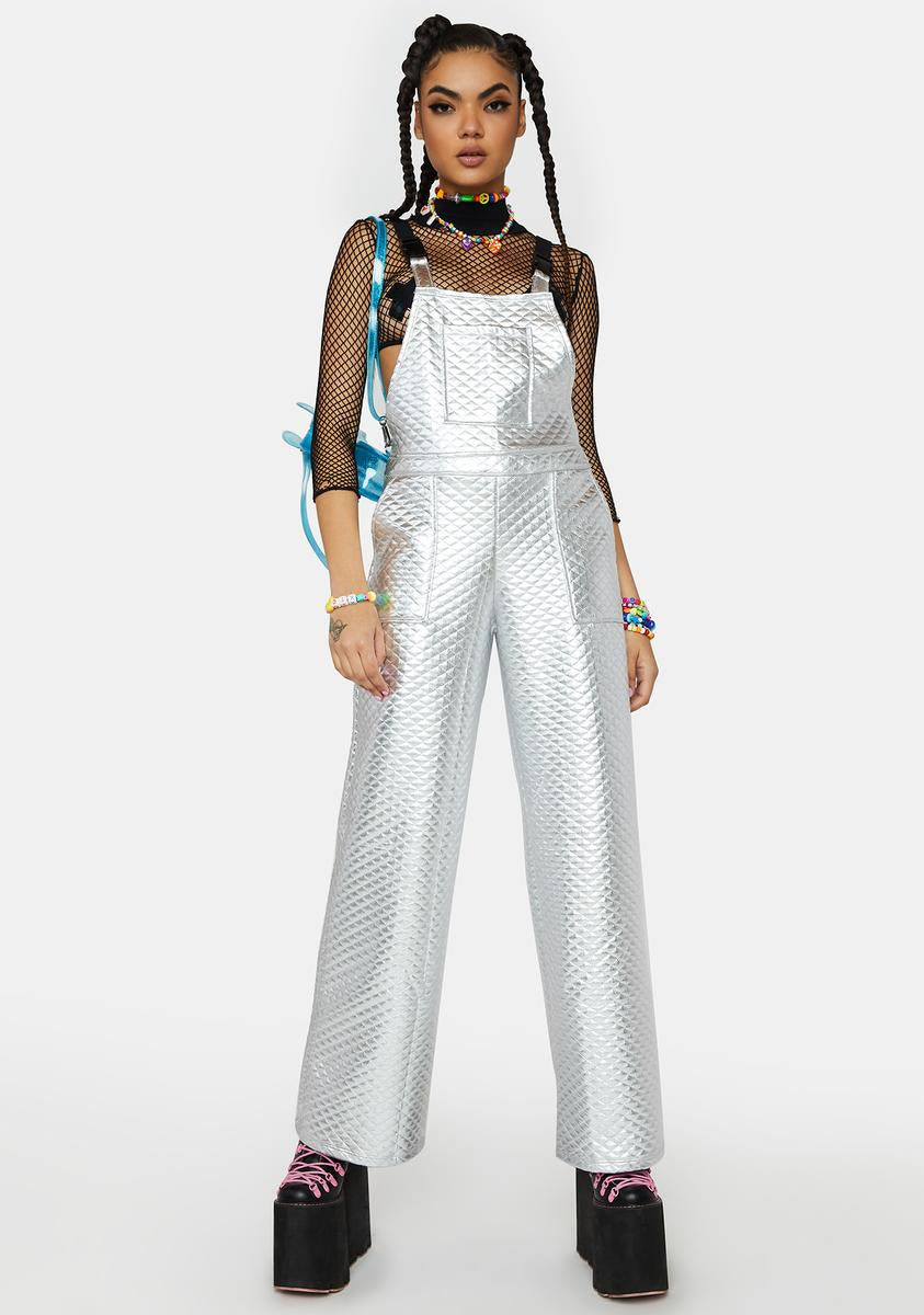 Quilted Wide Leg Overalls - Silver Metallic – Dolls Kill