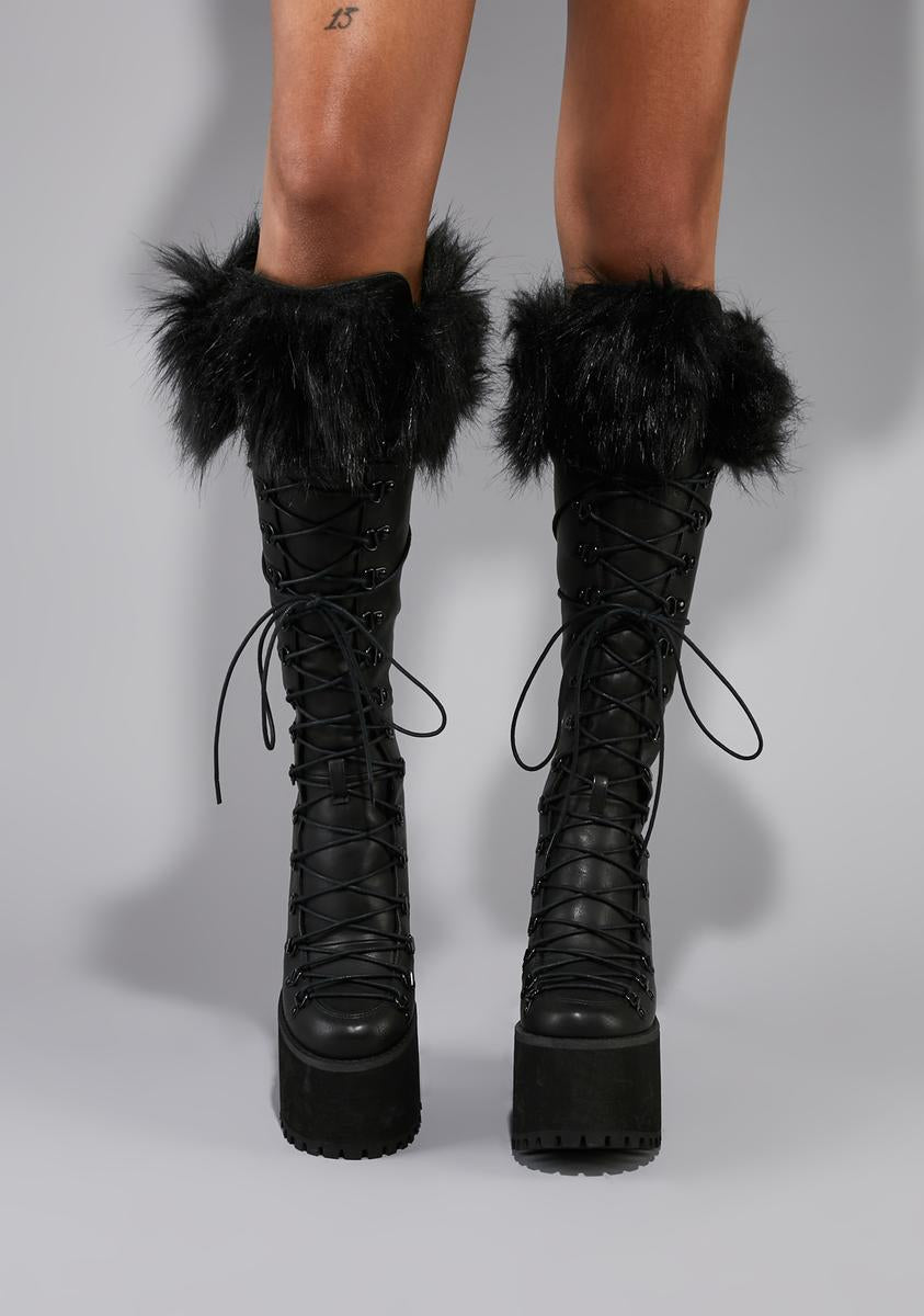 Widow Fur Trim Hiker Lace Up Knee High Boots - Black – Dolls Kill