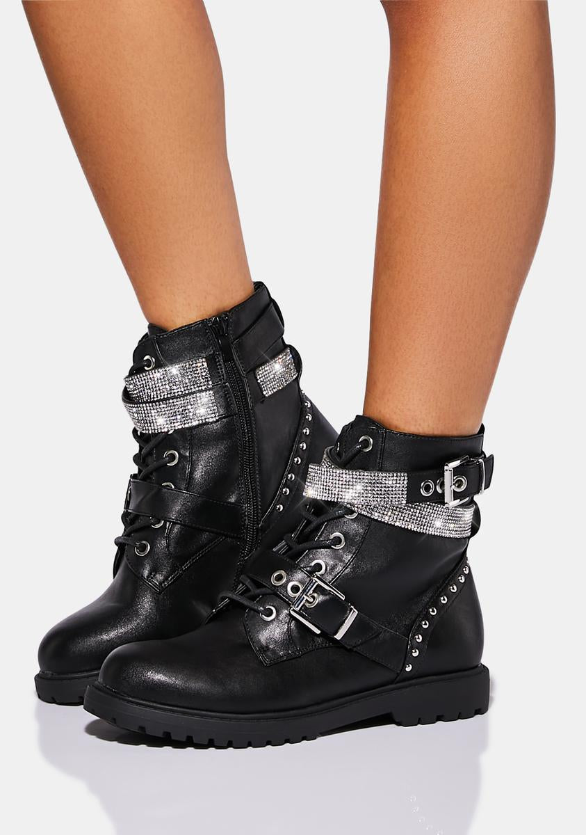 Vegan Leather Lace Up Rhinestone Strap Ankle Boots - Black – Dolls Kill