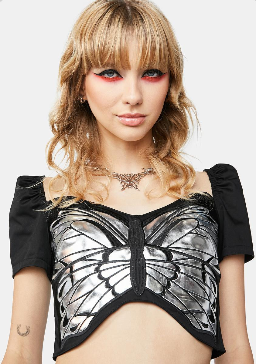Current Mood Holographic Butterfly Puff Sleeve Crop Top – Dolls Kill