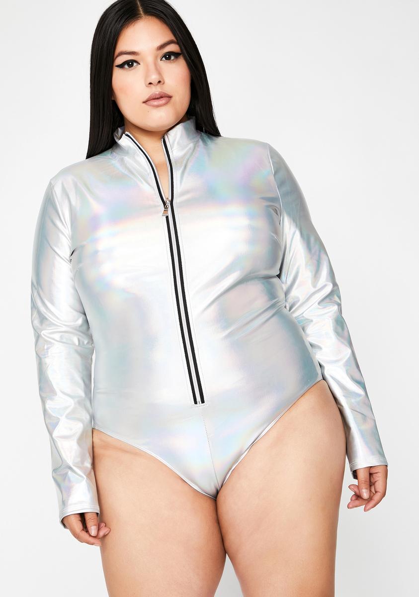 Plus Size Holographic Metallic Bodysuit Long Sleeve Front Zip Silver –  Dolls Kill