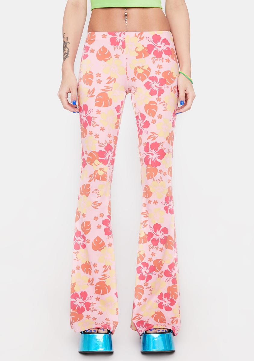 Low Rise String Tie Hibiscus Floral Print Flare Pants Pink – Dolls Kill