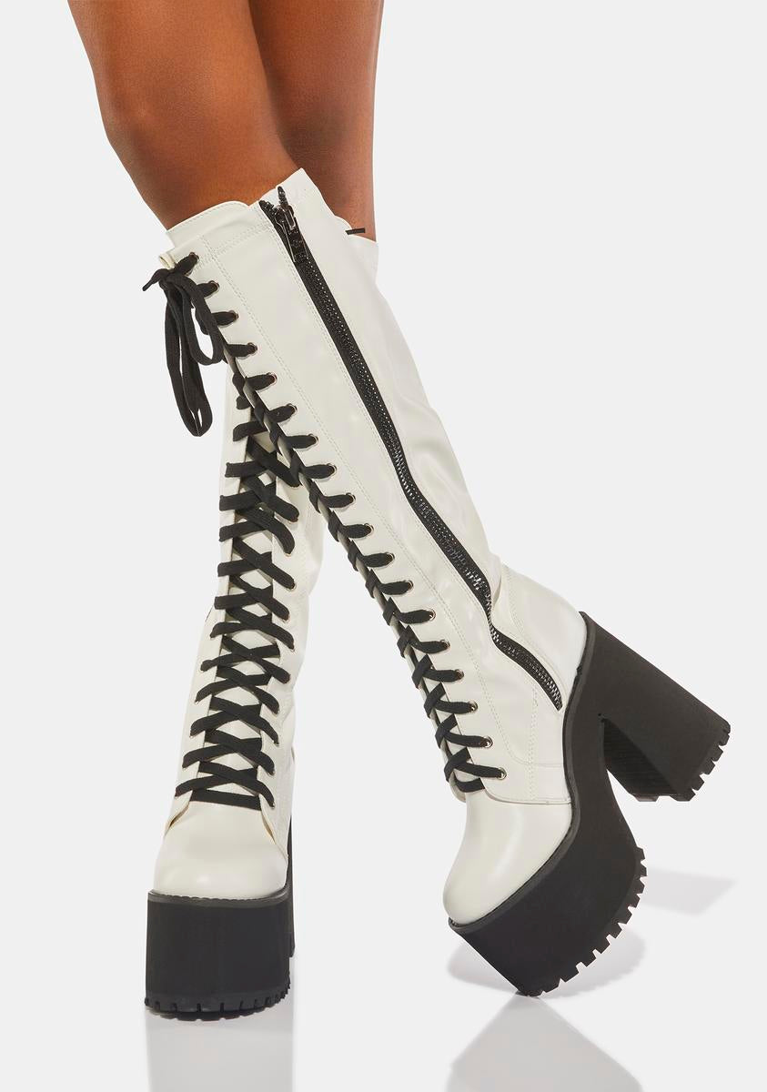 Current Mood Vegan Leather Lace Up Knee High Platform Boots - White/Black – Dolls  Kill