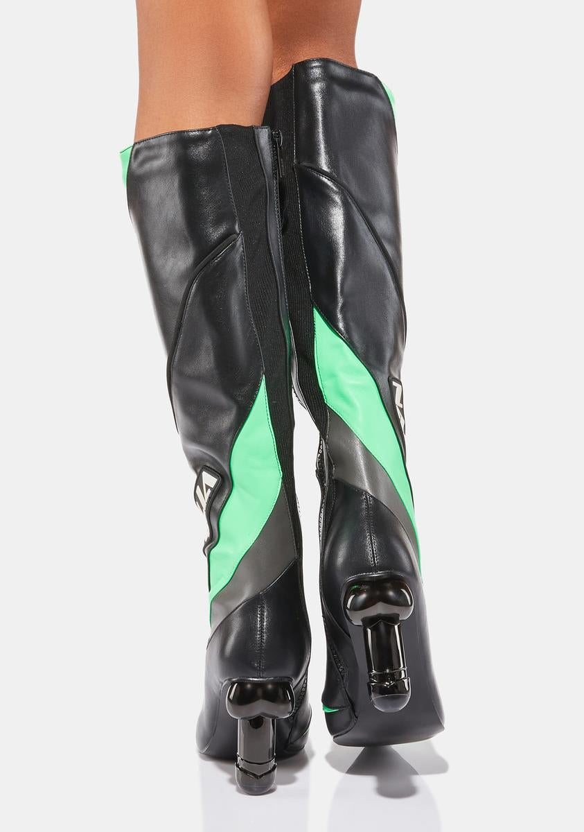 Namilia Dick Heel Knee High Moto Boots - Black/Green – Dolls Kill