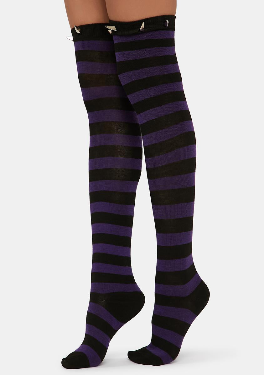 Striped Spiked Thigh High Socks - Purple – Dolls Kill