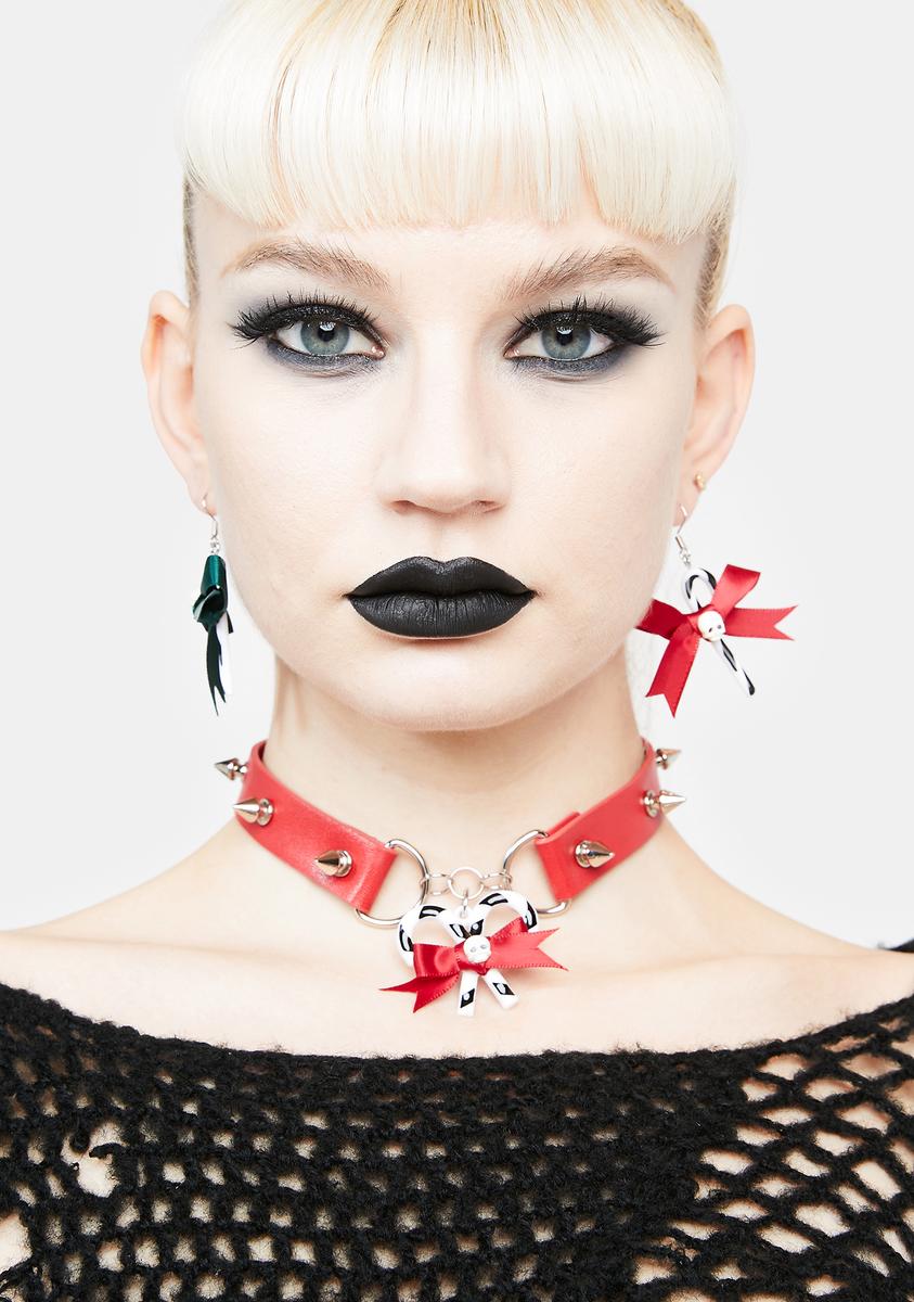 Candy Cane Skull Bow Spiked Choker - Red – Dolls Kill