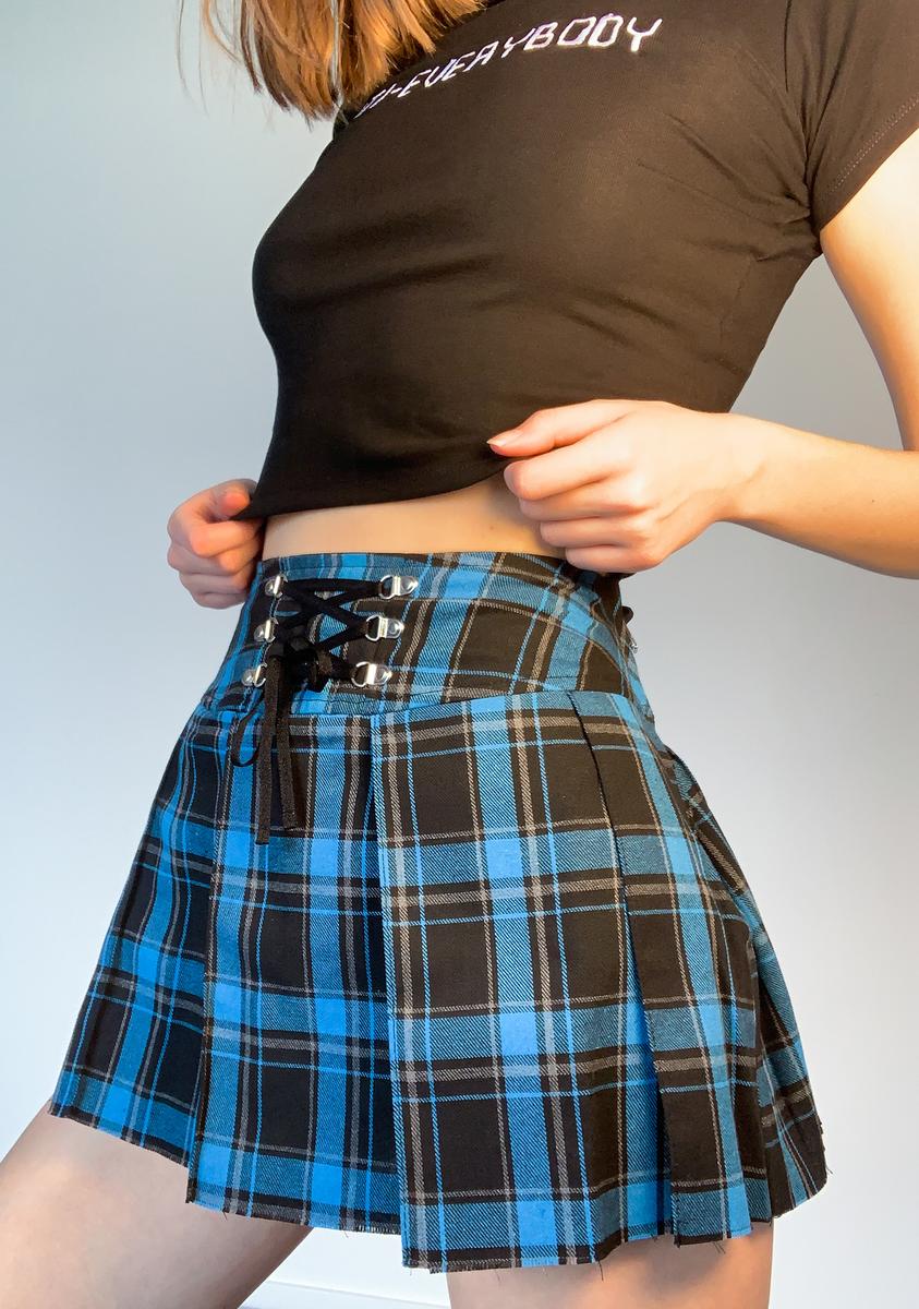 Horoscopez Plaid Lace Up Mini Skirt - Blue Black – Dolls Kill