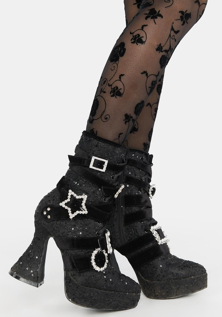 Dolls Kill X Wizard Of Oz Rhinestone Buckle Sequin Lace Velvet Strap Ankle  Boots