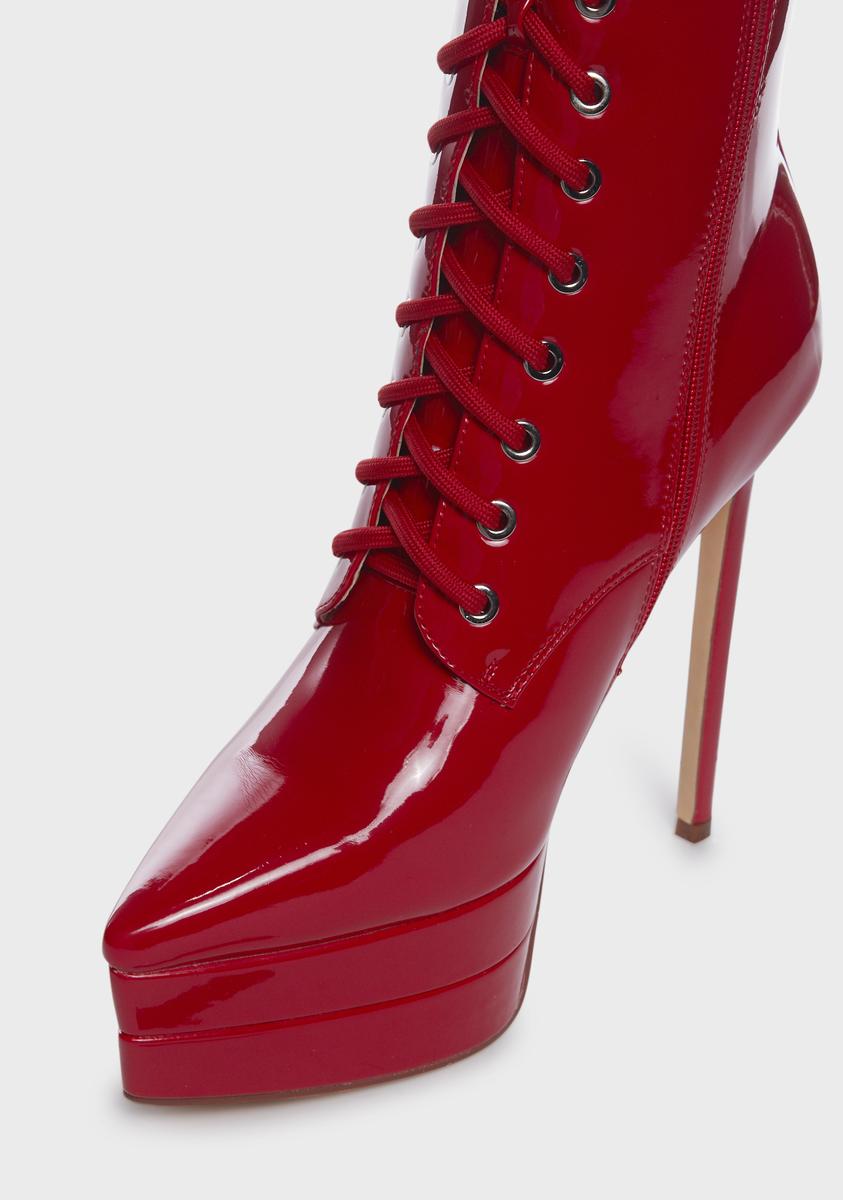 Azalea Wang Knee High Lace Patent Vegan Leather Boots - Red | US 7 1/2