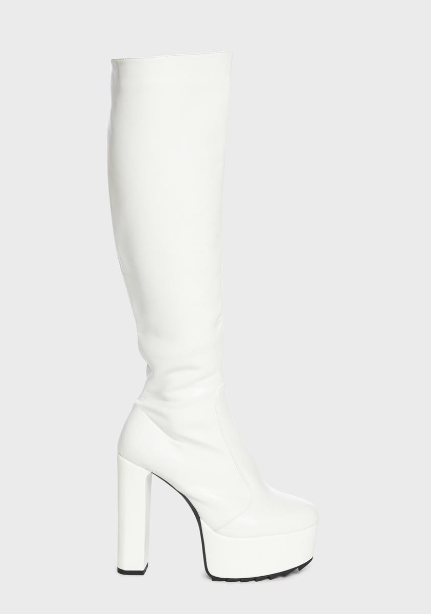 Lamoda Vegan Leather Thigh High Zip Up Boots - White – Dolls Kill