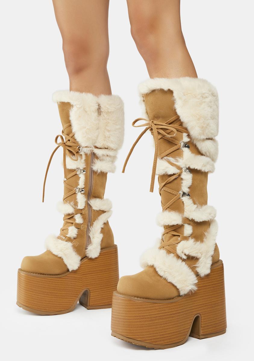 Demonia Eskimo Boots 305 | Faux Fur Knee High Platform Boots - Camel –  Dolls Kill