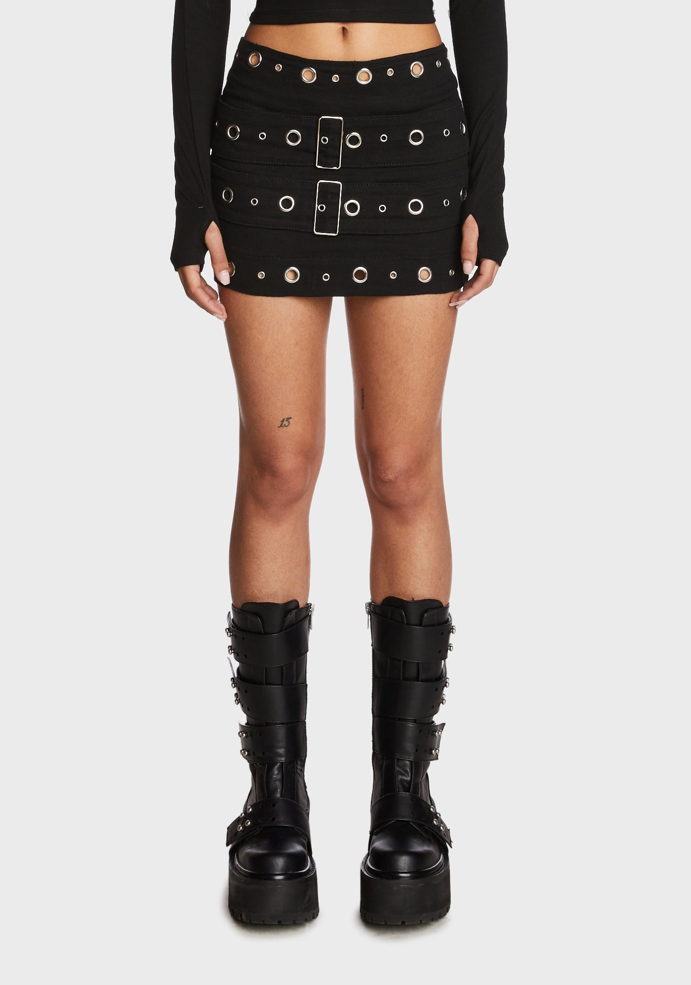 Edikted Low Rise Denim Eyelet Mini Skirt - Black – Dolls Kill