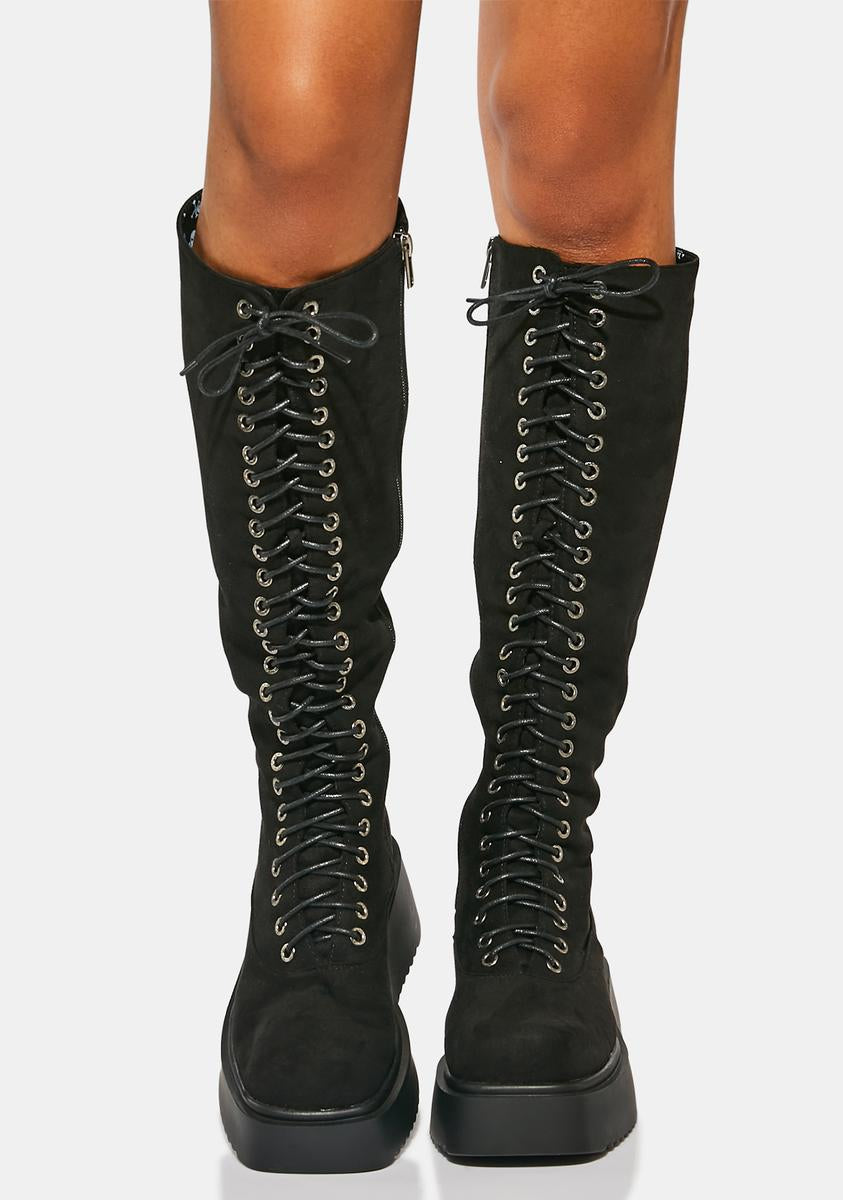 Lamoda Vegan Suede Knee High Lace Up Boots - Black – Dolls Kill