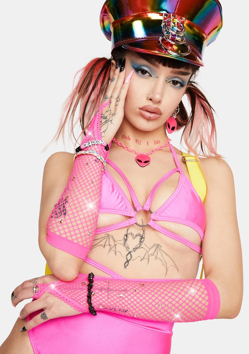 Lace Trim Rhinestone Fishnet Gloves - Neon Pink – Dolls Kill