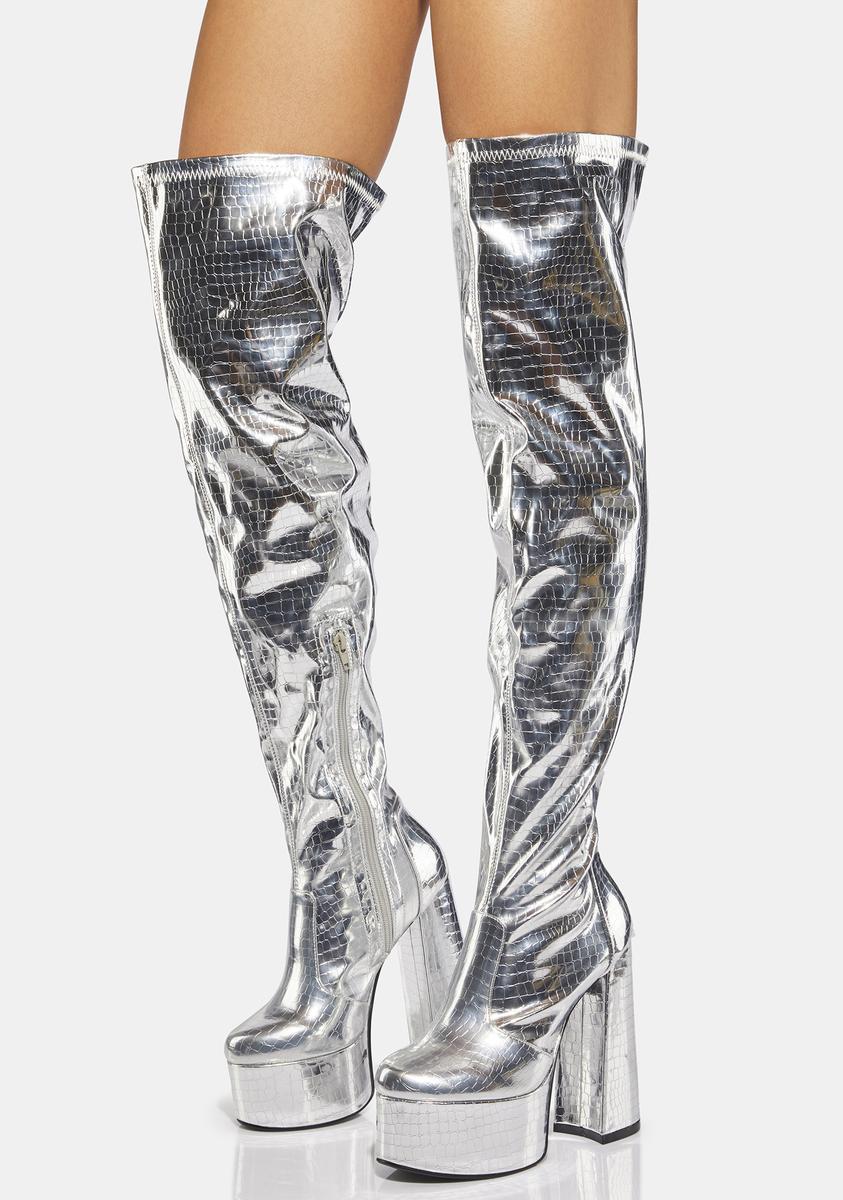 Lemon Drop By Privileged Silver Bodie Knee High Boots – Dolls Kill