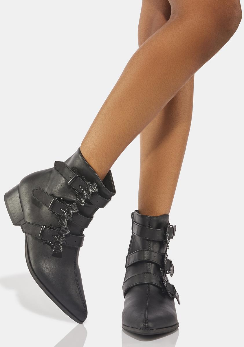 Demonia Bat Buckle Pointed Ankle Boots - Black – Dolls Kill