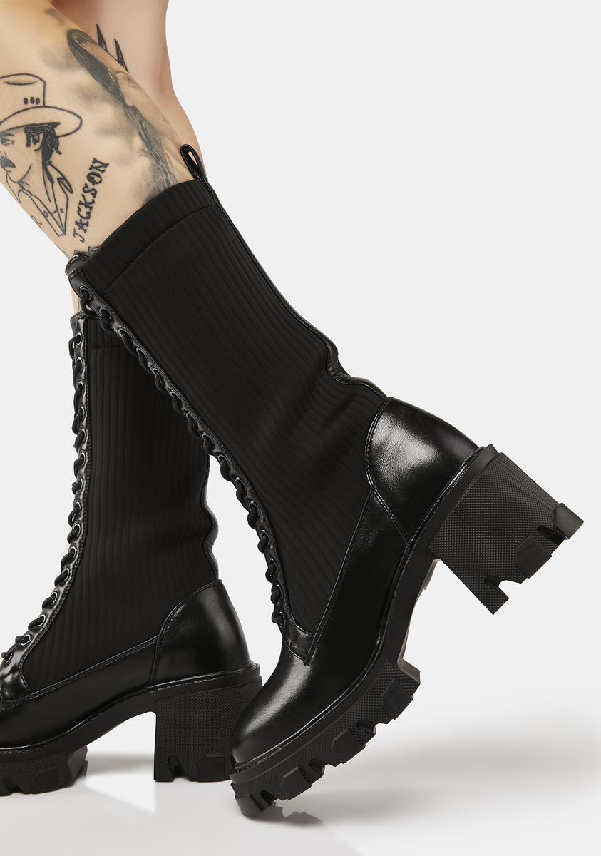 SIMMI Vegan Leather Ribbed Lace-Up Boots - Black – Dolls Kill