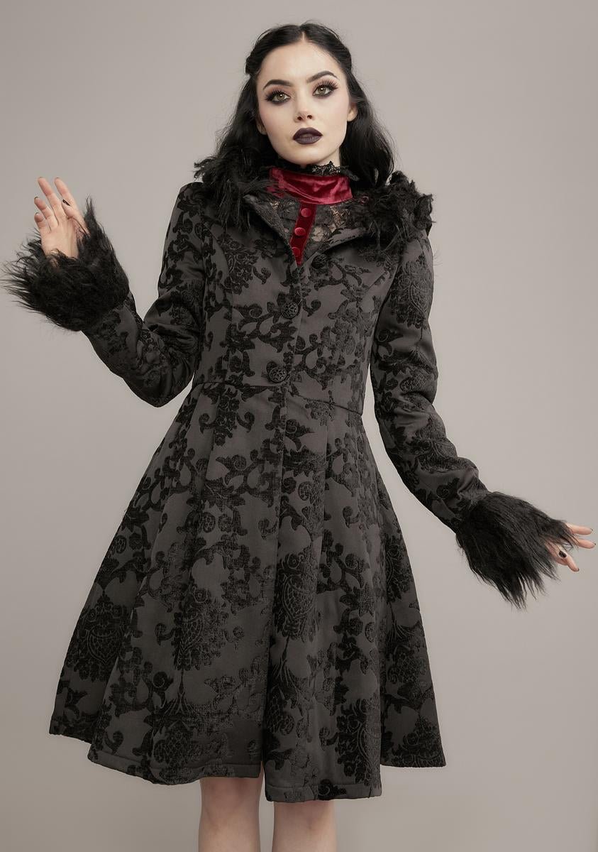 Widow Fur Trim Brocade Flared Coat - Black – Dolls Kill
