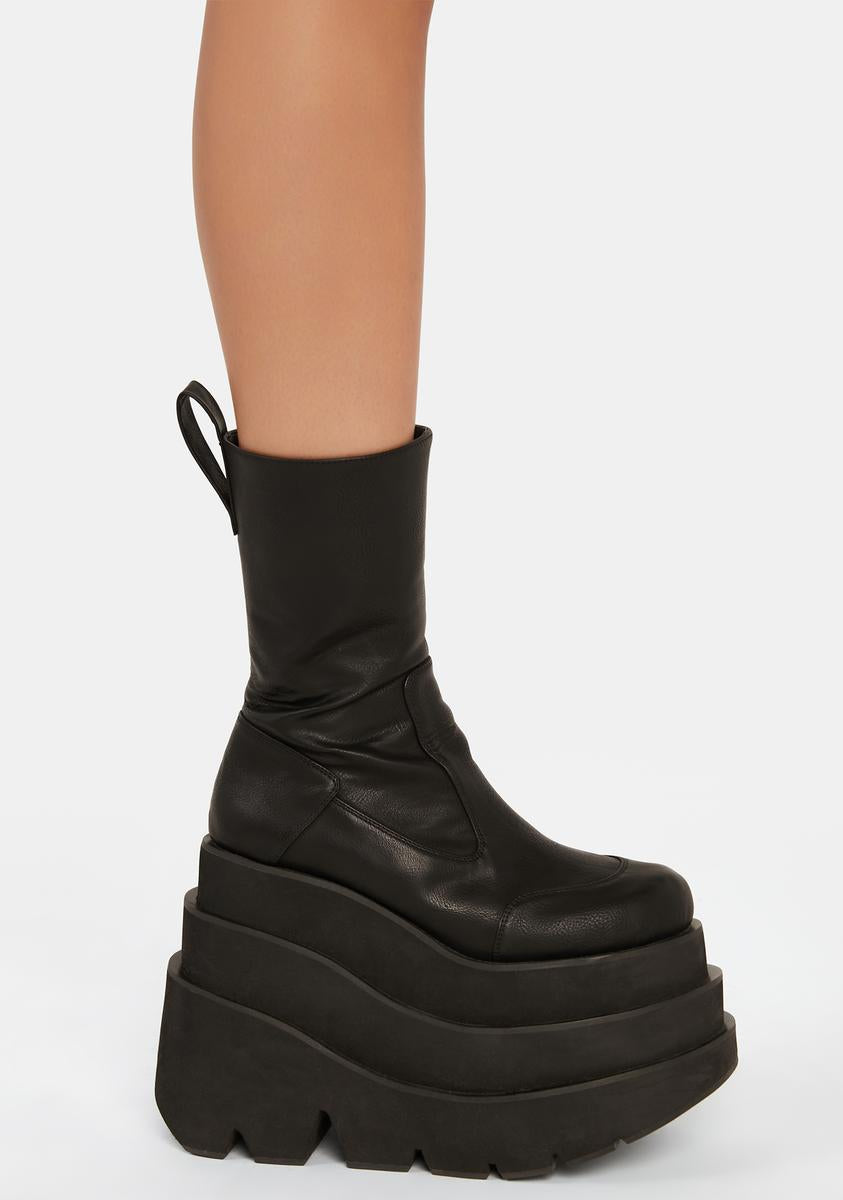 Darker Wavs Triple Stacked Wedge Platform Boots - Black – Dolls Kill