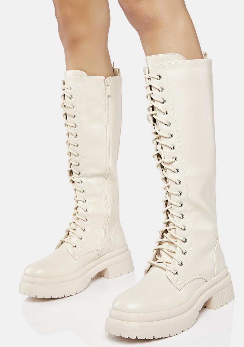 Vegan Leather Lace Up Zipper Knee High Boots - White – Dolls Kill