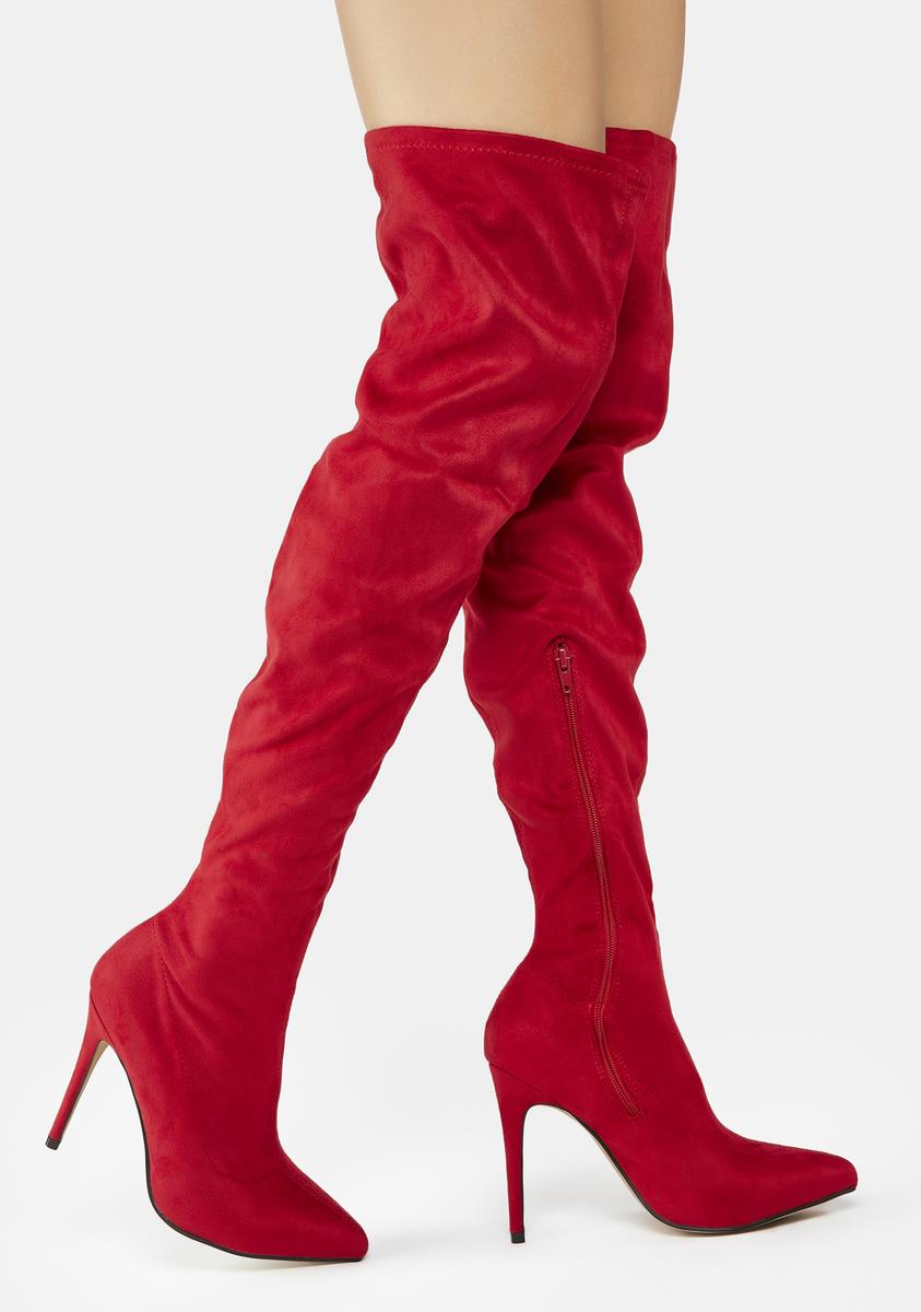 Faux Suede Thigh High Pointed Toe Stiletto Boots - Red – Dolls Kill