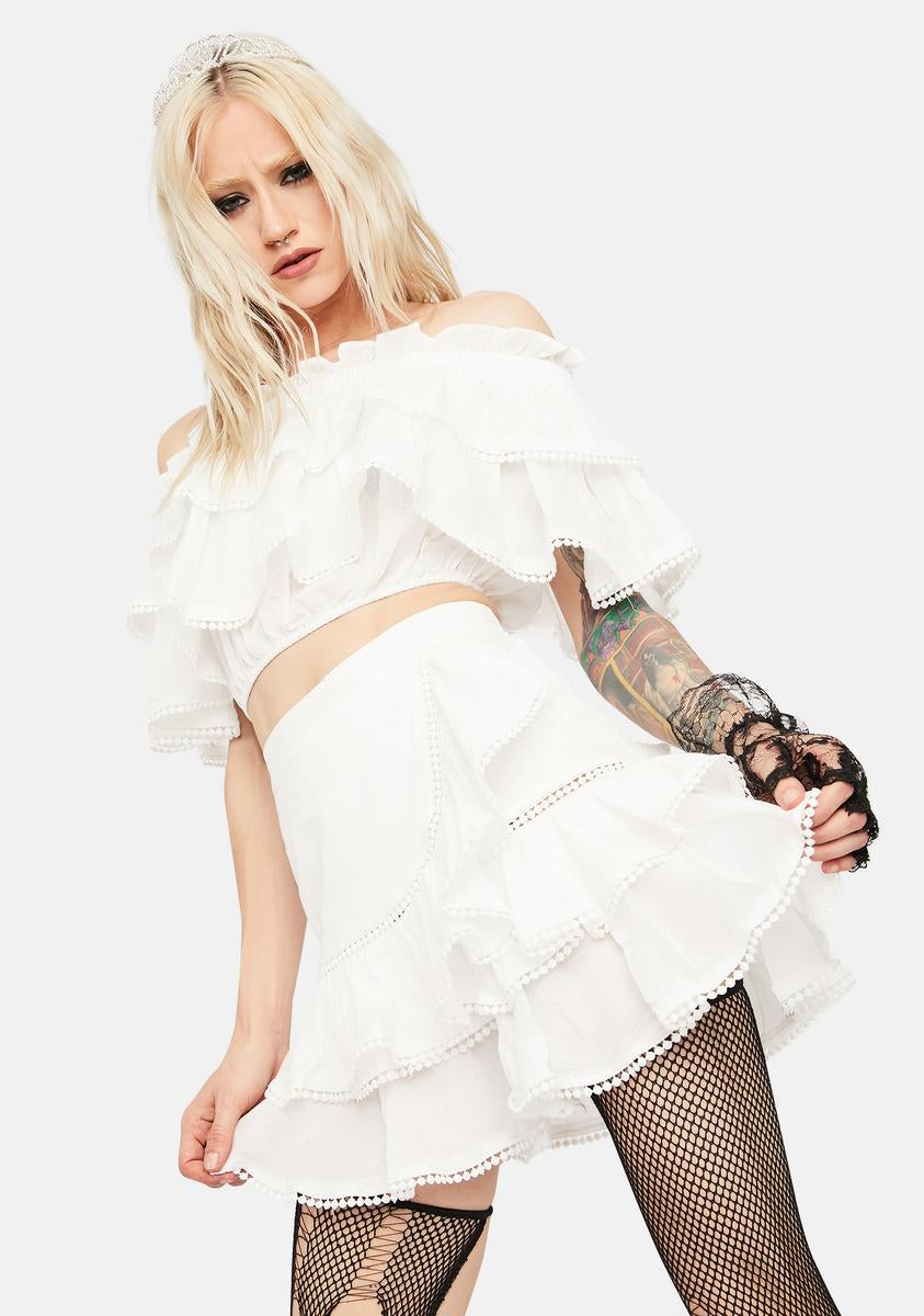 Ruffle Off Shoulder Crop Top And Mini Skirt Set - White – Dolls Kill