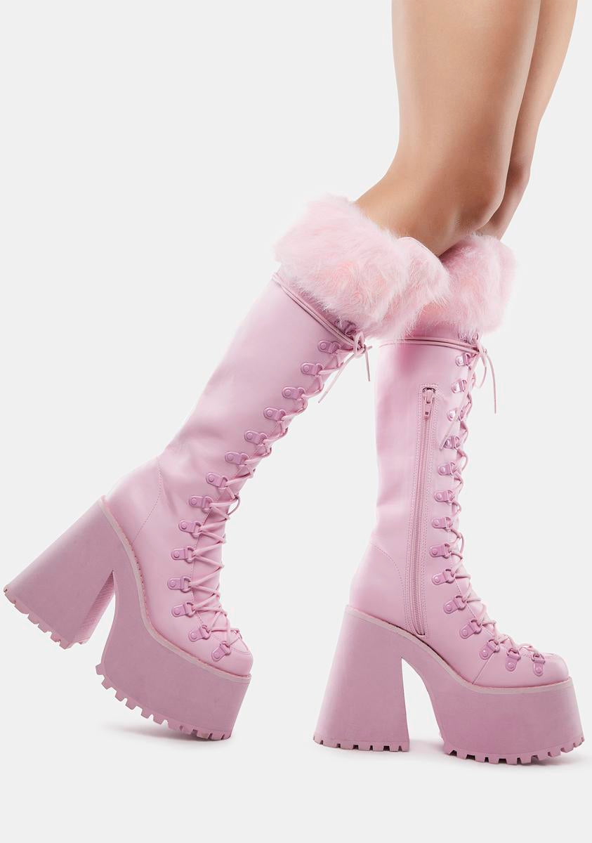 Sugar Thrillz Faux Fur Trim Knee High Platform Boots - Pink – Dolls Kill
