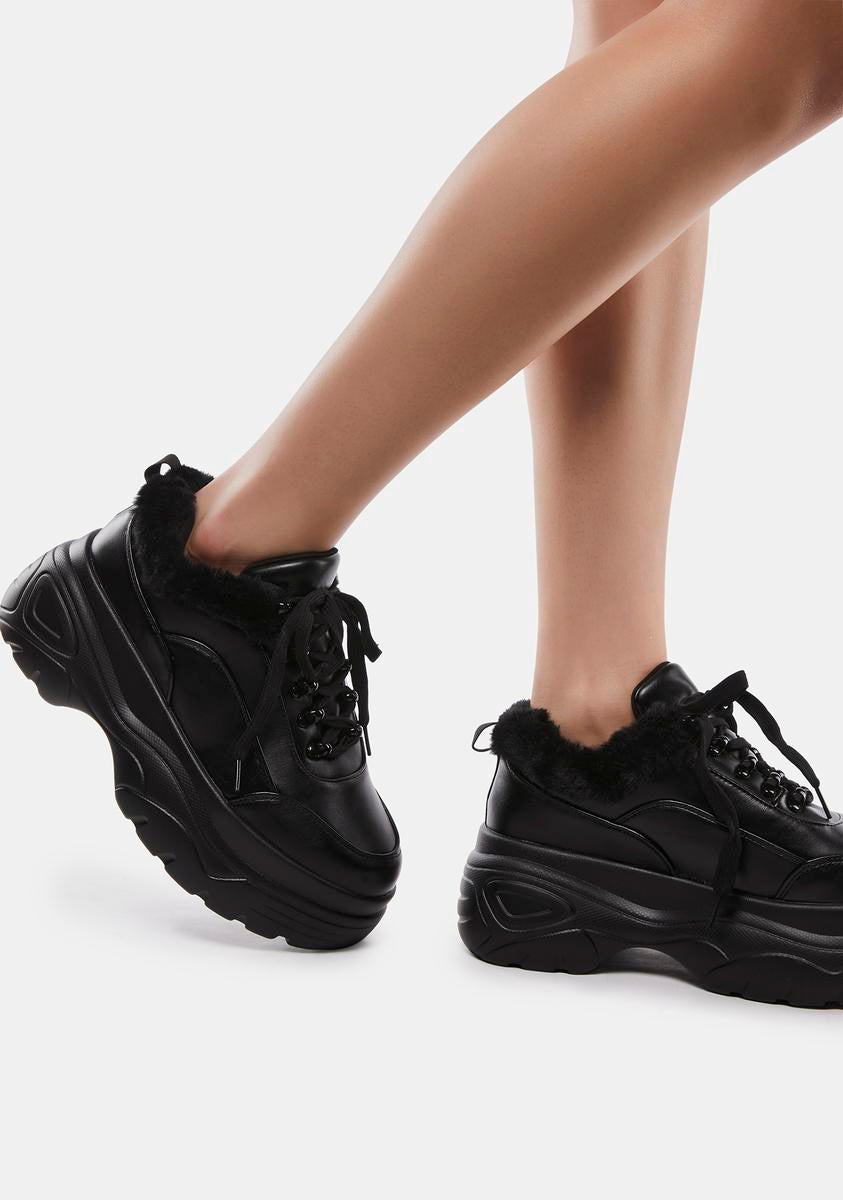 Koi Footwear Fur Trim Chunky Sneakers - Black – Dolls Kill