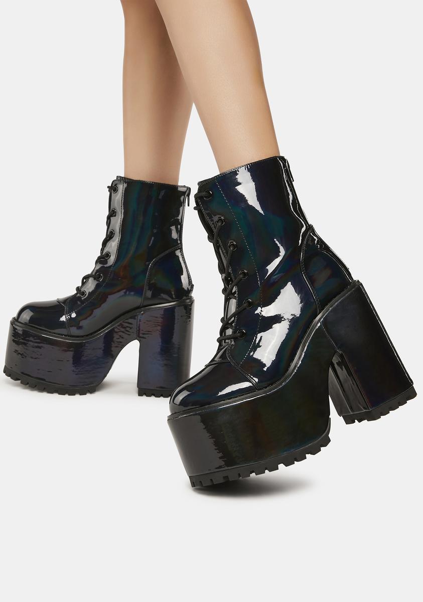 Y.R.U. Holographic Patent Vegan Leather Lace Up platform Boots - Black –  Dolls Kill