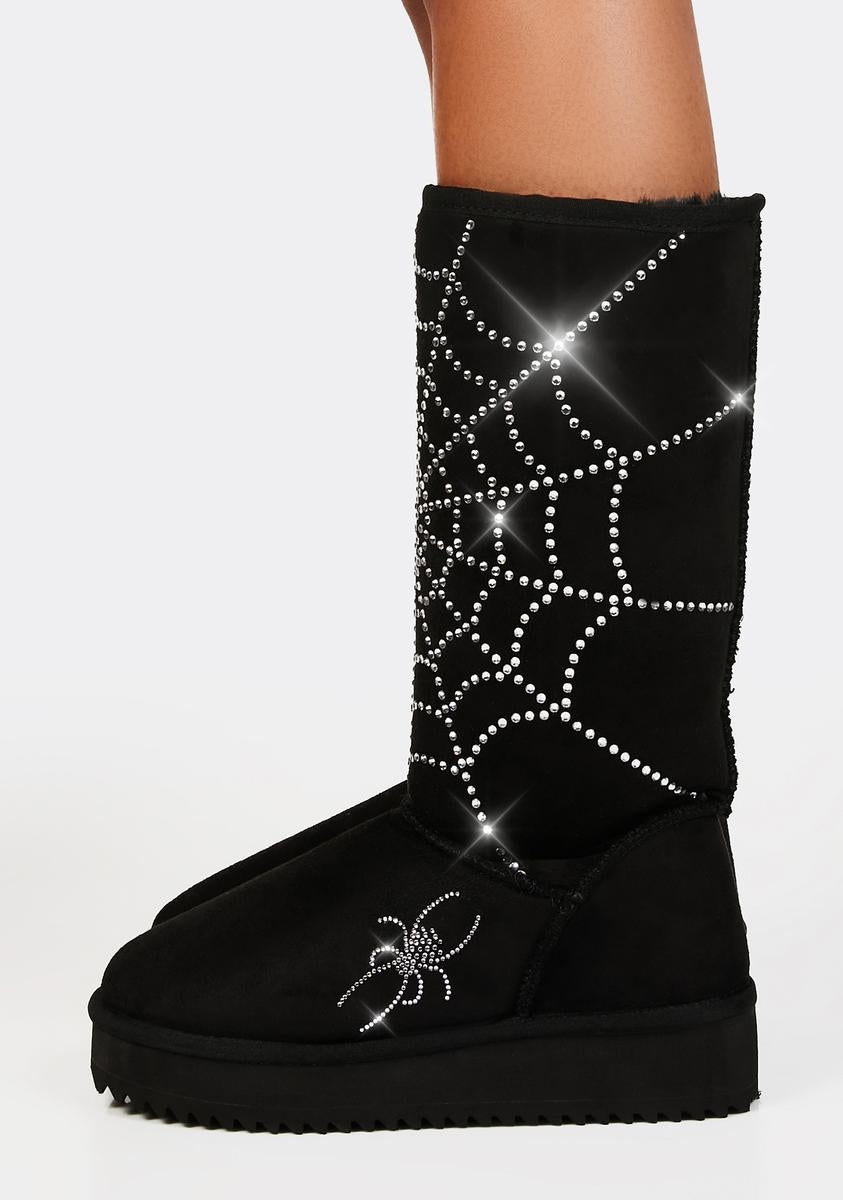 The Grave Girls Rhinestone Spider Web Slipper Boots - Black – Dolls Kill