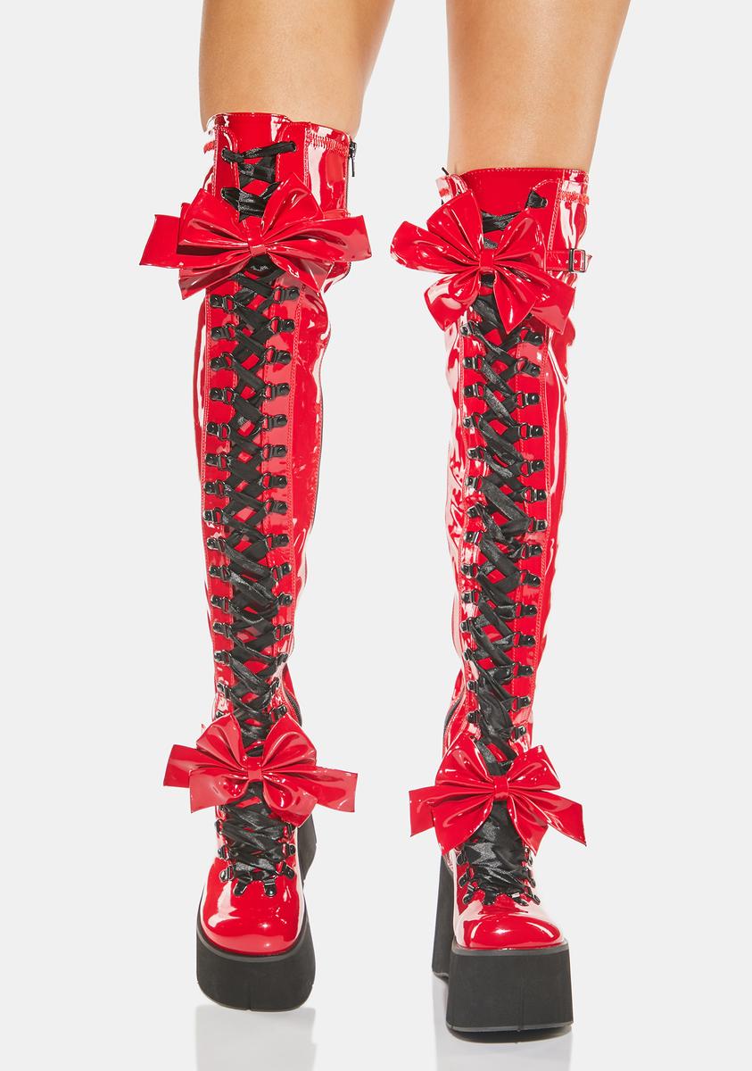 Demonia Kera 303 Bow Thigh High Platform Boots - Red Patent – Dolls Kill
