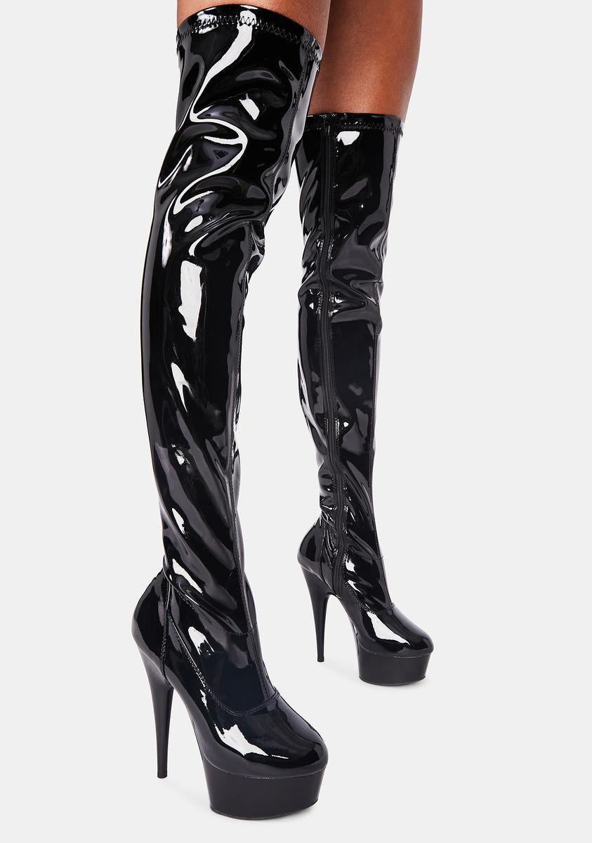 Pleaser Delight 3000 Patent Thigh High Boots - Black – Dolls Kill