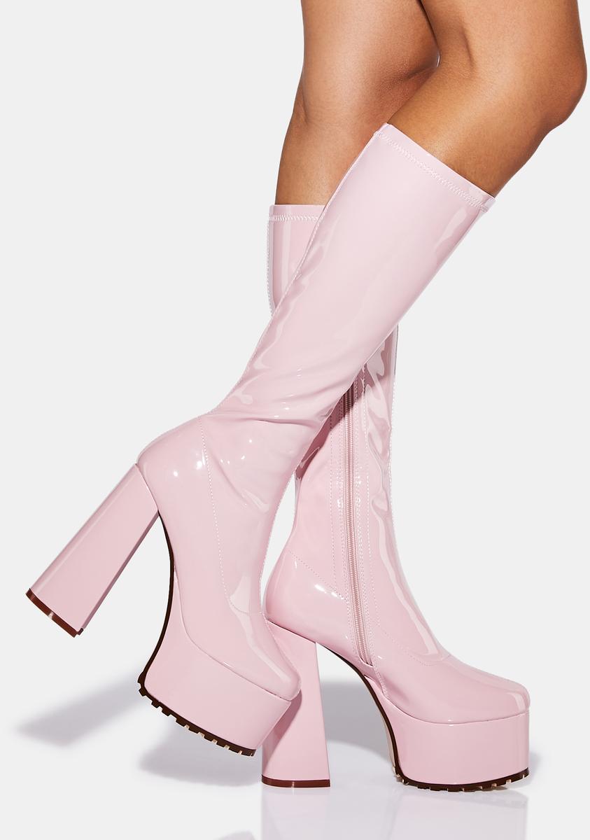 Azalea Wang Patent Vegan Leather Platform Knee High Boots Pink – Dolls Kill