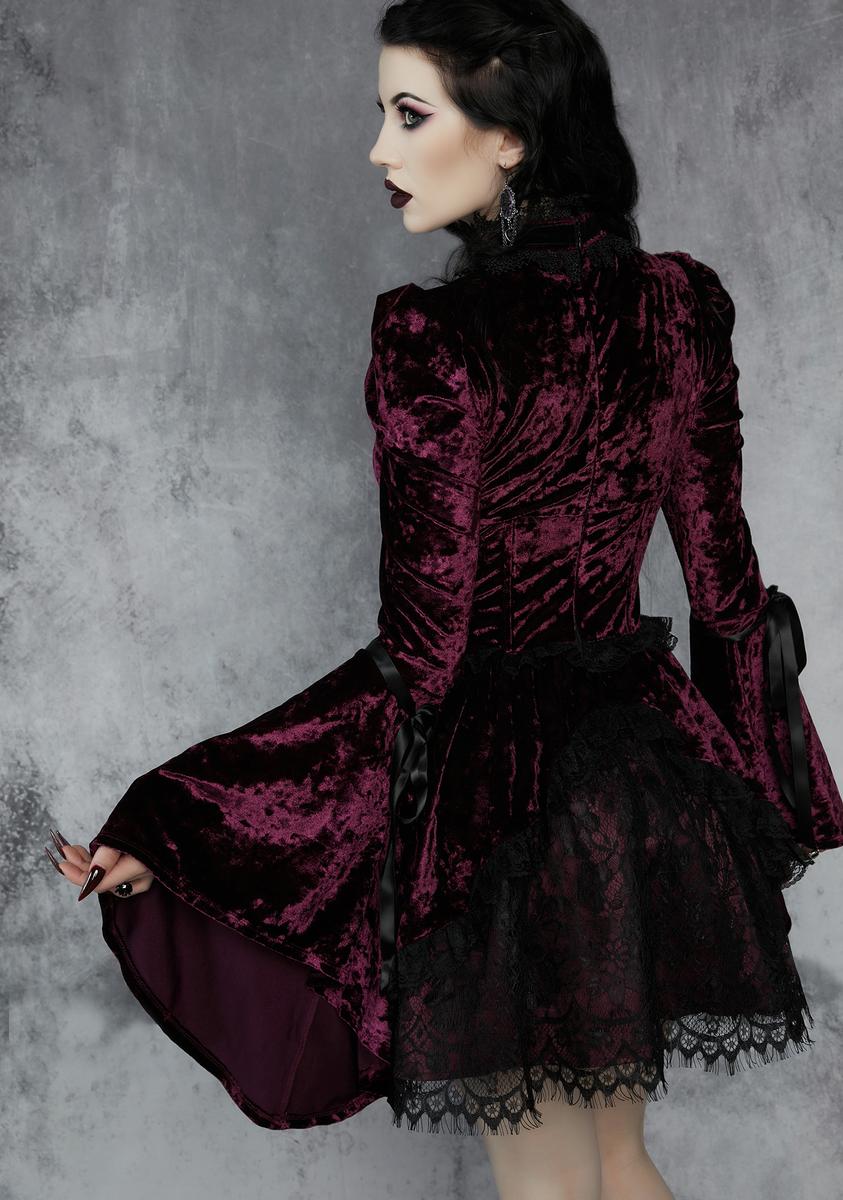 Widow Bell Sleeve Velvet Dress With Lace Underskirt - Wine – Dolls Kill