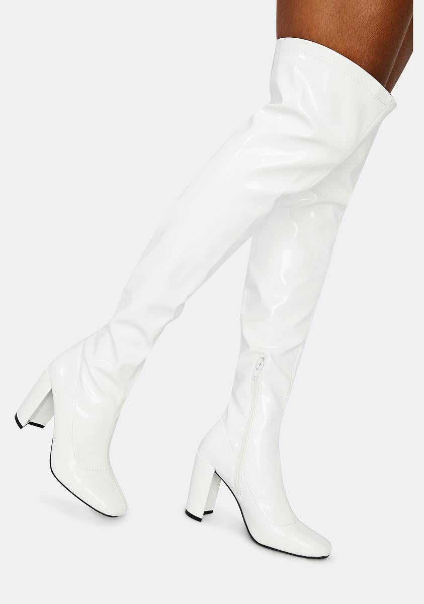 Patent Faux Leather Thigh High Heeled Boots - White – Dolls Kill