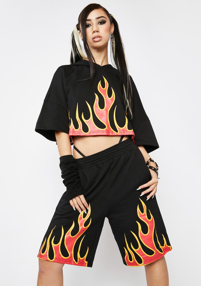 Flame Print Short Sleeve Hoodie And Shorts Set - Black – Dolls Kill