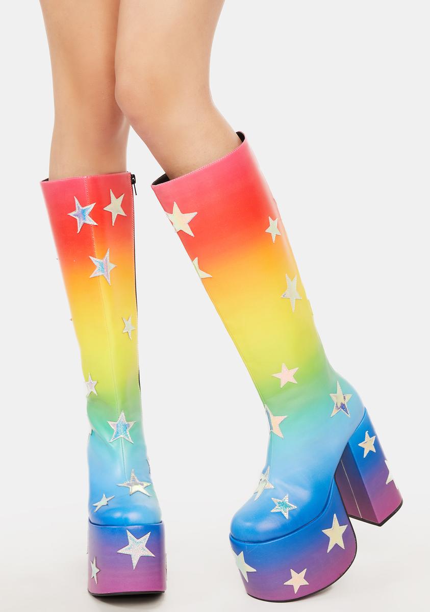 Club Exx Rainbow Star Knee High Platform Heel Boots – Dolls Kill