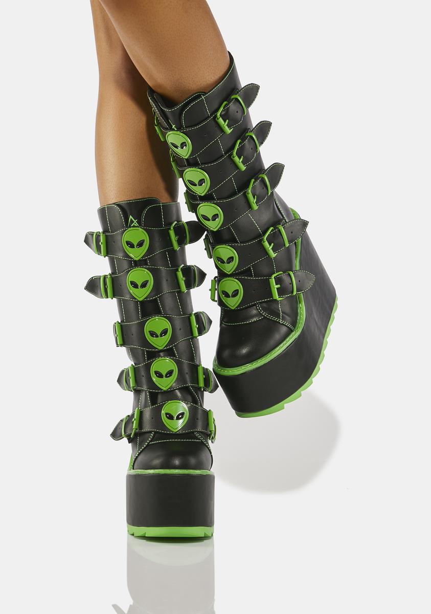YRU Alien Buckle Platform Boots - Black/Green – Dolls Kill