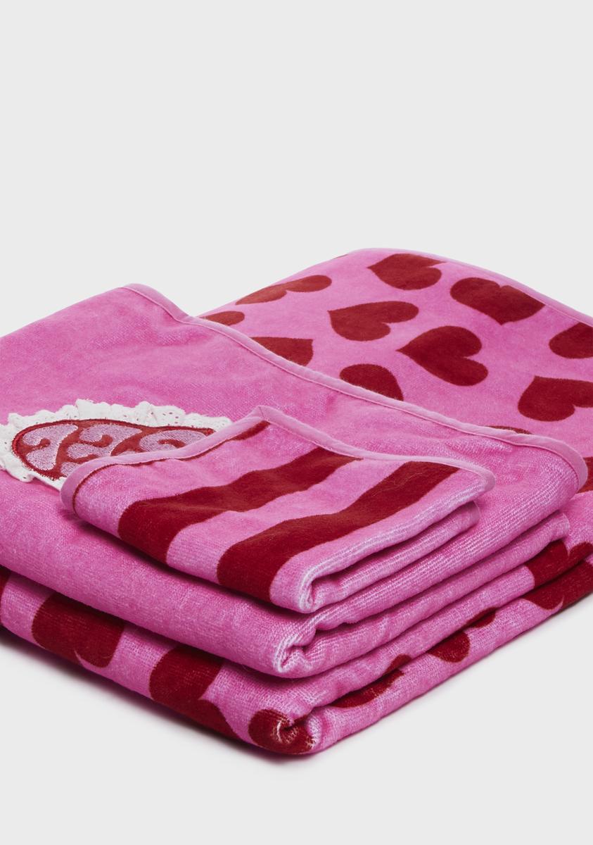 Dolls Home Heart Print Angel Striped Towel Set - Pink – Dolls Kill