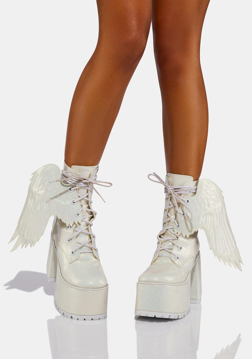 Club Exx Glitter Angel Wing Platform Boots - White – Dolls Kill