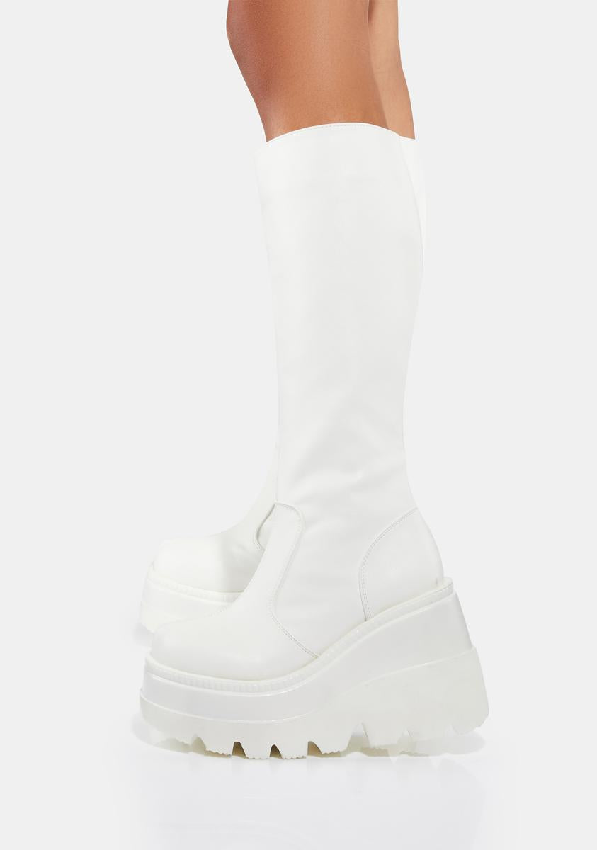 Demonia x Dolls Kill Shaker-100 Knee High Platform Boots - White