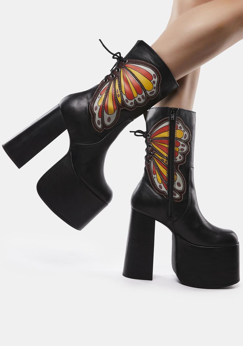 Current Mood Butterfly Lace Up Platform Heel Boots - Black – Dolls Kill
