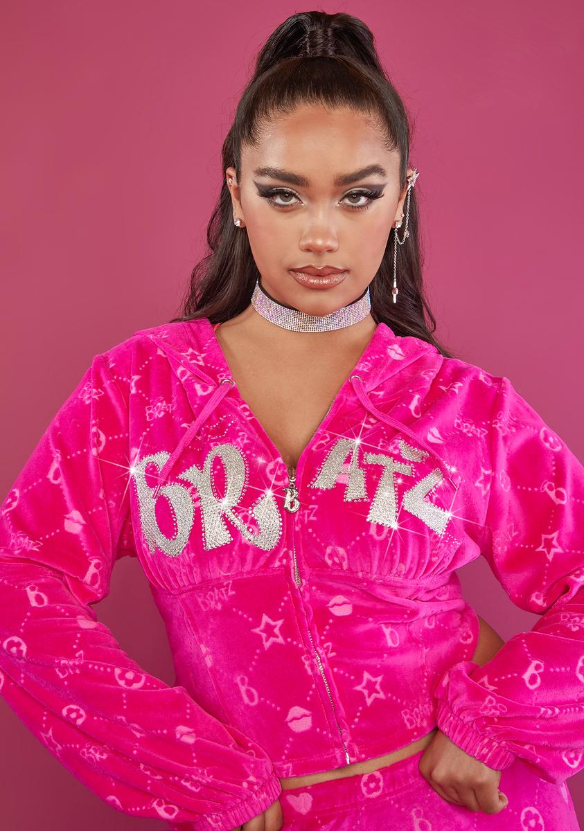 Plus Size Dolls Kill X Bratz Velour Repeat Logo Print Rhinestone  Embellished Jacket - Hot Pink