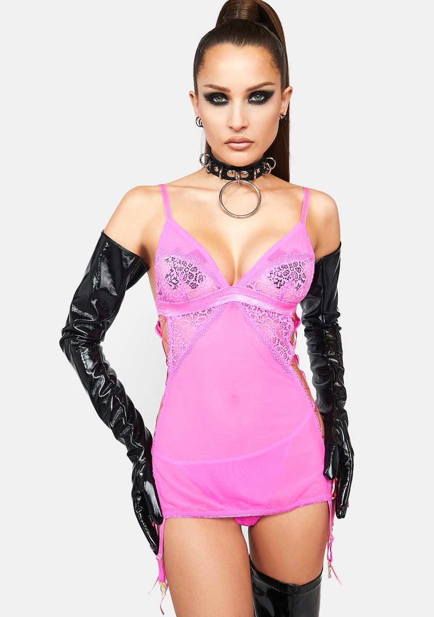 Ribbon Side Lace Up Mesh Chemise And G String Set - Pink – Dolls Kill