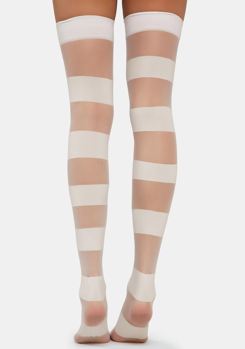 Striped Vegan Leather Strap Knee High Socks - White – Dolls Kill