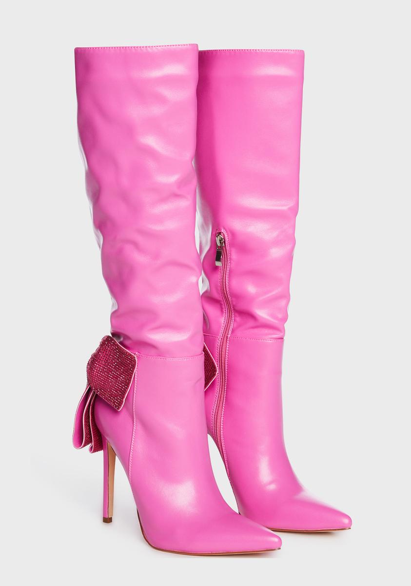 AZALEA WANG Knee High Rhinestone Bow Boots - Pink – Dolls Kill