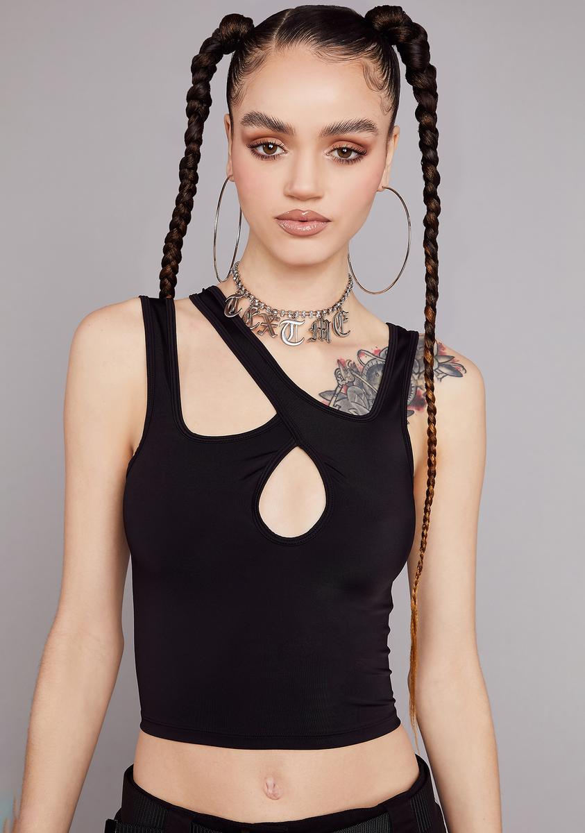 Poster Grl Cut Out Asymmetrical Nylon Crop Top - Black – Dolls Kill