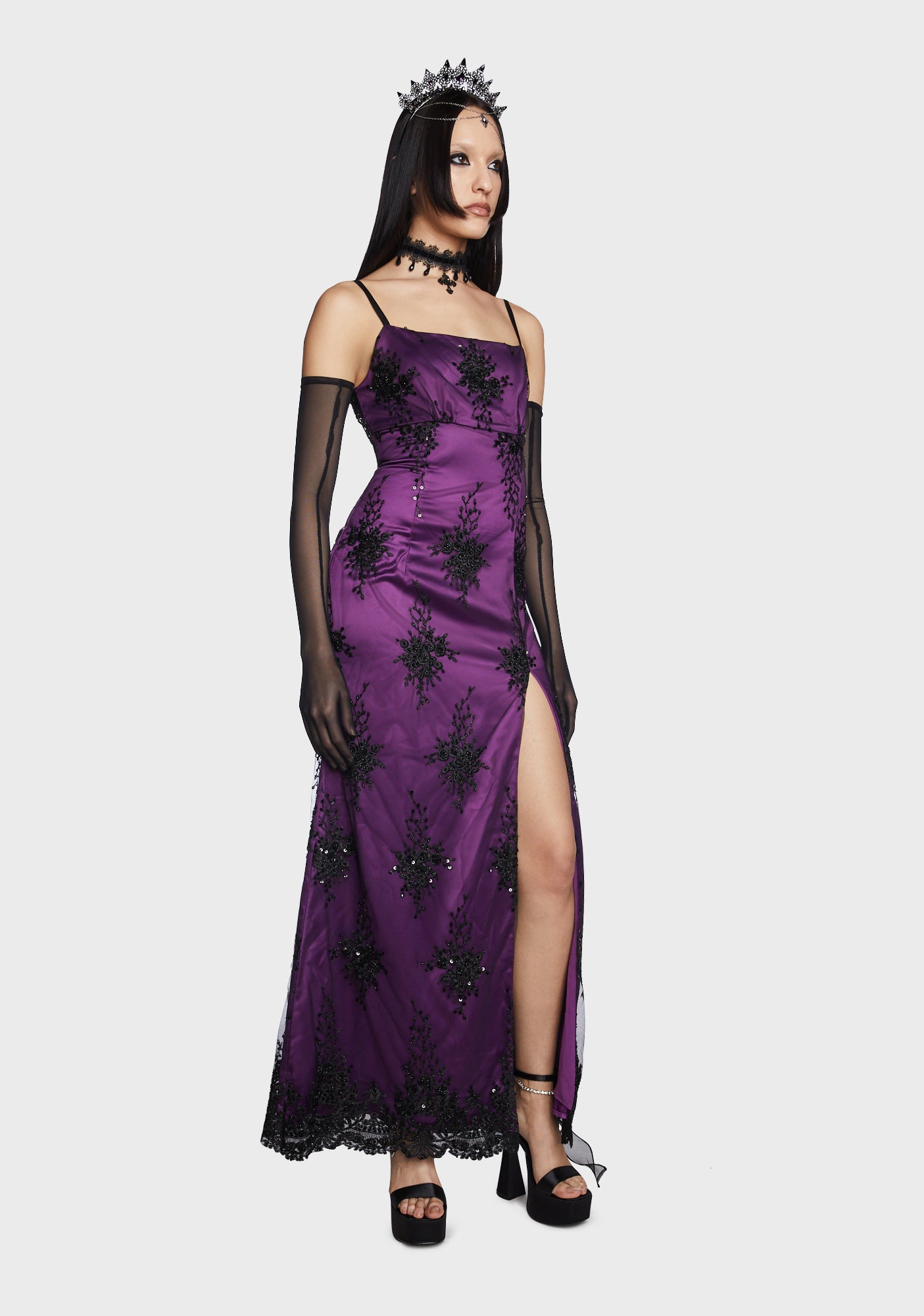 Unholy Satin Embroidered Sequin Maxi Dress Purple Dolls Kill 