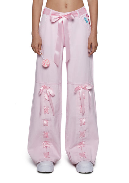 Dolls Kill x Candyland Twill Pants With Satin Ribbon Lace Up - Pink