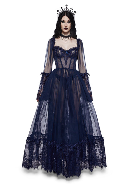 Widow Gothic Lace Bustier Long Sleeve Maxi Gown - Blue – Dolls Kill